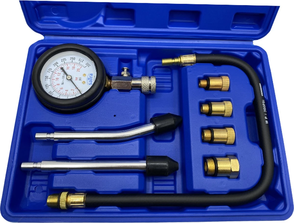 SATRA Professionele Universele Compressiemeter Met Adapters Voor Benzine Motoren Meet Compressie Van 0-21 Bar / 0-300 Psi 3 SATRA Professionele Universele Compressiemeter Met Adapters Voor Benzine Motoren Meet Compressie Van 0-21 Bar / 0-300 Psi