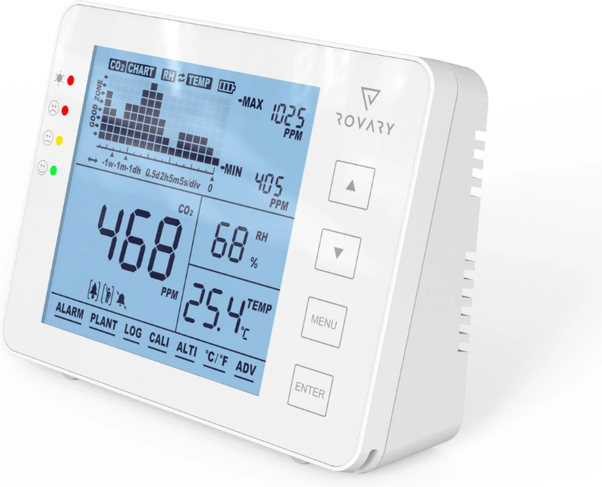 Rovary RV2000P CO2 Meter & Hygrometer - CO2 Melder En Monitor Binnen - Inclusief E-book - Luchtkwaliteitsmeter – Draagbaar En Oplaadbaar – Met Alarm 10 Rovary RV2000P CO2 Meter & Hygrometer - CO2 Melder En Monitor Binnen - Inclusief E-book - Luchtkwaliteitsmeter – Draagbaar En Oplaadbaar – Met Alarm - Afbeelding 8