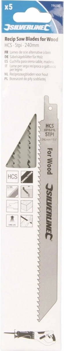 Silverline Reciprozaagbladen Voor Hout, 5 Delig HCS, 5 Tpi, 240 Mm 5 Silverline Reciprozaagbladen Voor Hout, 5 Delig HCS, 5 Tpi, 240 Mm - Afbeelding 3