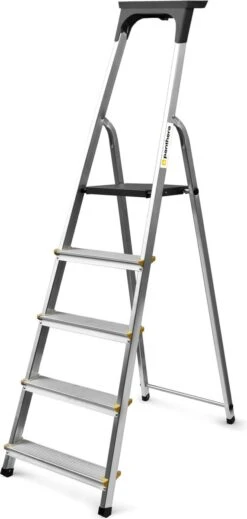 Panthera Huishoudtrap - Keukentrap 5 Treden - Aluminium - Max Werkhoogte: 2.96 Meter - Voor Particulier En Professioneel Gebruik