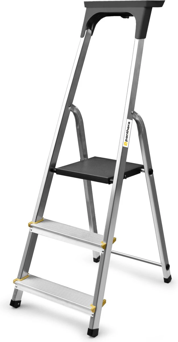 Panthera Huishoudtrap - Keukentrap 3 Treden - Aluminium - Max Werkhoogte: 2.56 Meter - Voor Particulier En Professioneel Gebruik 3 Panthera Huishoudtrap - Keukentrap 3 Treden - Aluminium - Max Werkhoogte: 2.56 Meter - Voor Particulier En Professioneel Gebruik