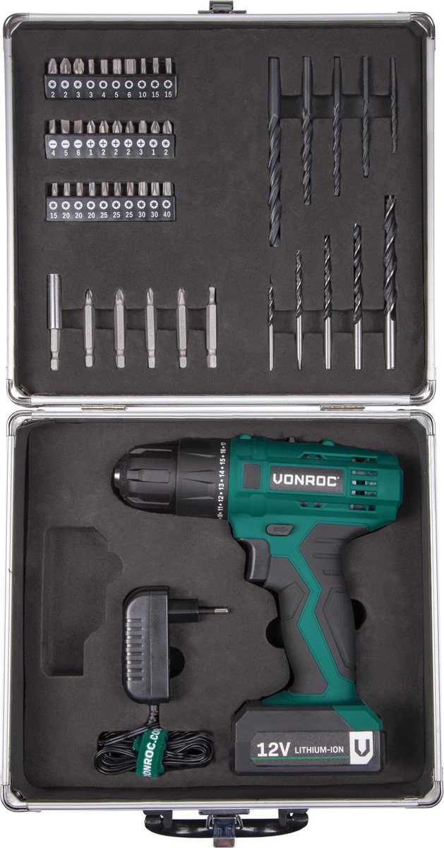 VONROC Accuboormachine – 12V Li-Ion – Incl. Aluminium Opbergkoffer, 46 Accessoires, 1x Accu & Lader 10 VONROC Accuboormachine – 12V Li-Ion – Incl. Aluminium Opbergkoffer, 46 Accessoires, 1x Accu & Lader - Afbeelding 8