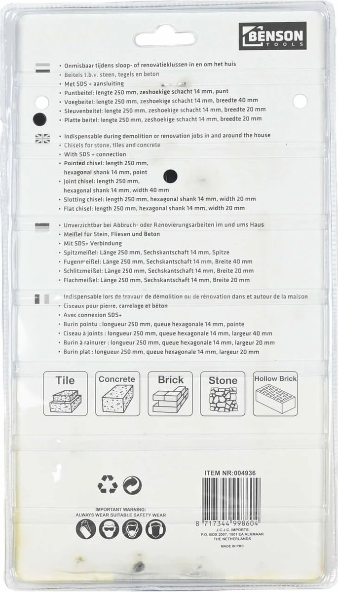 Benson Beitelset SDS Plus - SDS+ T.b.v. Steen - Tegels En Beton - 4 Delig 7 Benson Beitelset SDS Plus - SDS+ T.b.v. Steen - Tegels En Beton - 4 Delig - Afbeelding 5