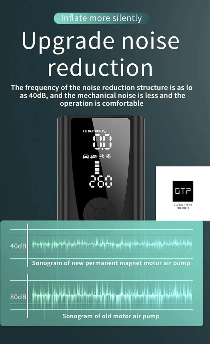 GTP Draagbare Luchtcompressor - Elektrische Bandenpomp - Luchtcompressor Oplaadbaar - Fiets Motor Auto En Ballen - Powerbank - Zaklamp 6 GTP Draagbare Luchtcompressor - Elektrische Bandenpomp - Luchtcompressor Oplaadbaar - Fiets Motor Auto En Ballen - Powerbank - Zaklamp - Afbeelding 4