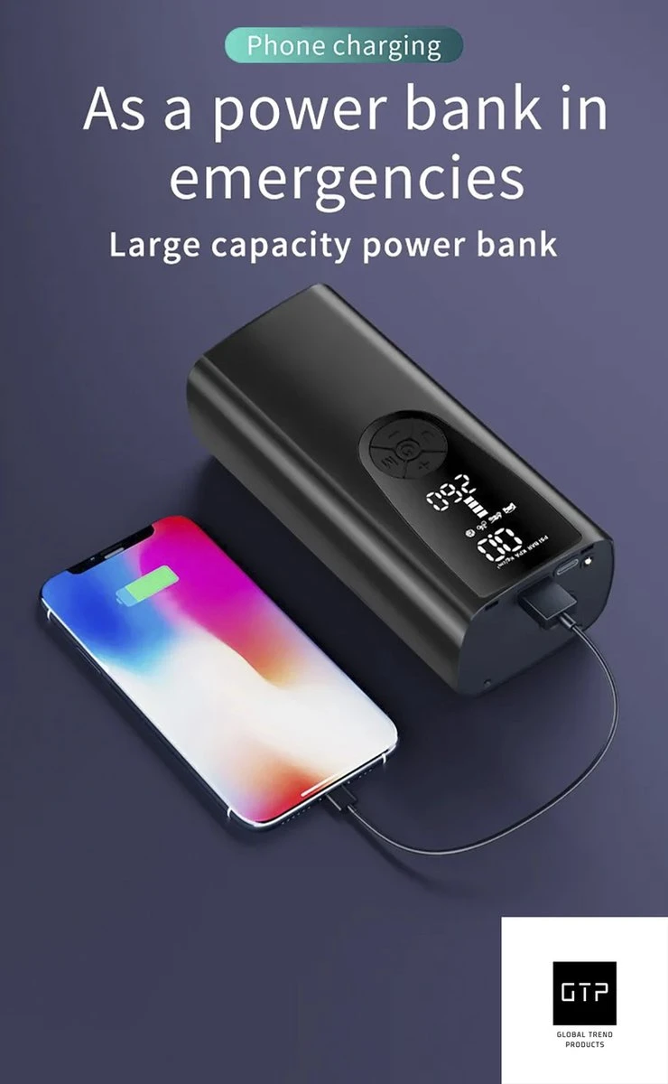 GTP Draagbare Luchtcompressor - Elektrische Bandenpomp - Luchtcompressor Oplaadbaar - Fiets Motor Auto En Ballen - Powerbank - Zaklamp 7 GTP Draagbare Luchtcompressor - Elektrische Bandenpomp - Luchtcompressor Oplaadbaar - Fiets Motor Auto En Ballen - Powerbank - Zaklamp - Afbeelding 5