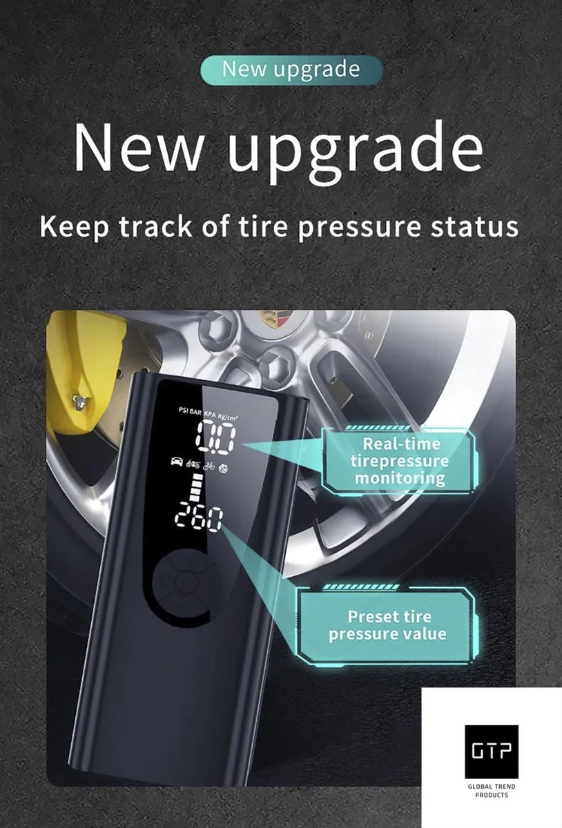 GTP Draagbare Luchtcompressor - Elektrische Bandenpomp - Luchtcompressor Oplaadbaar - Fiets Motor Auto En Ballen - Powerbank - Zaklamp 9 GTP Draagbare Luchtcompressor - Elektrische Bandenpomp - Luchtcompressor Oplaadbaar - Fiets Motor Auto En Ballen - Powerbank - Zaklamp - Afbeelding 7