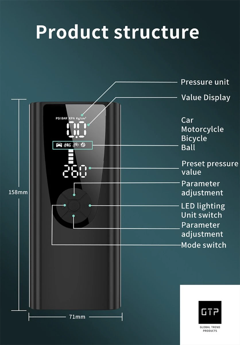 GTP Draagbare Luchtcompressor - Elektrische Bandenpomp - Luchtcompressor Oplaadbaar - Fiets Motor Auto En Ballen - Powerbank - Zaklamp 14 GTP Draagbare Luchtcompressor - Elektrische Bandenpomp - Luchtcompressor Oplaadbaar - Fiets Motor Auto En Ballen - Powerbank - Zaklamp - Afbeelding 12