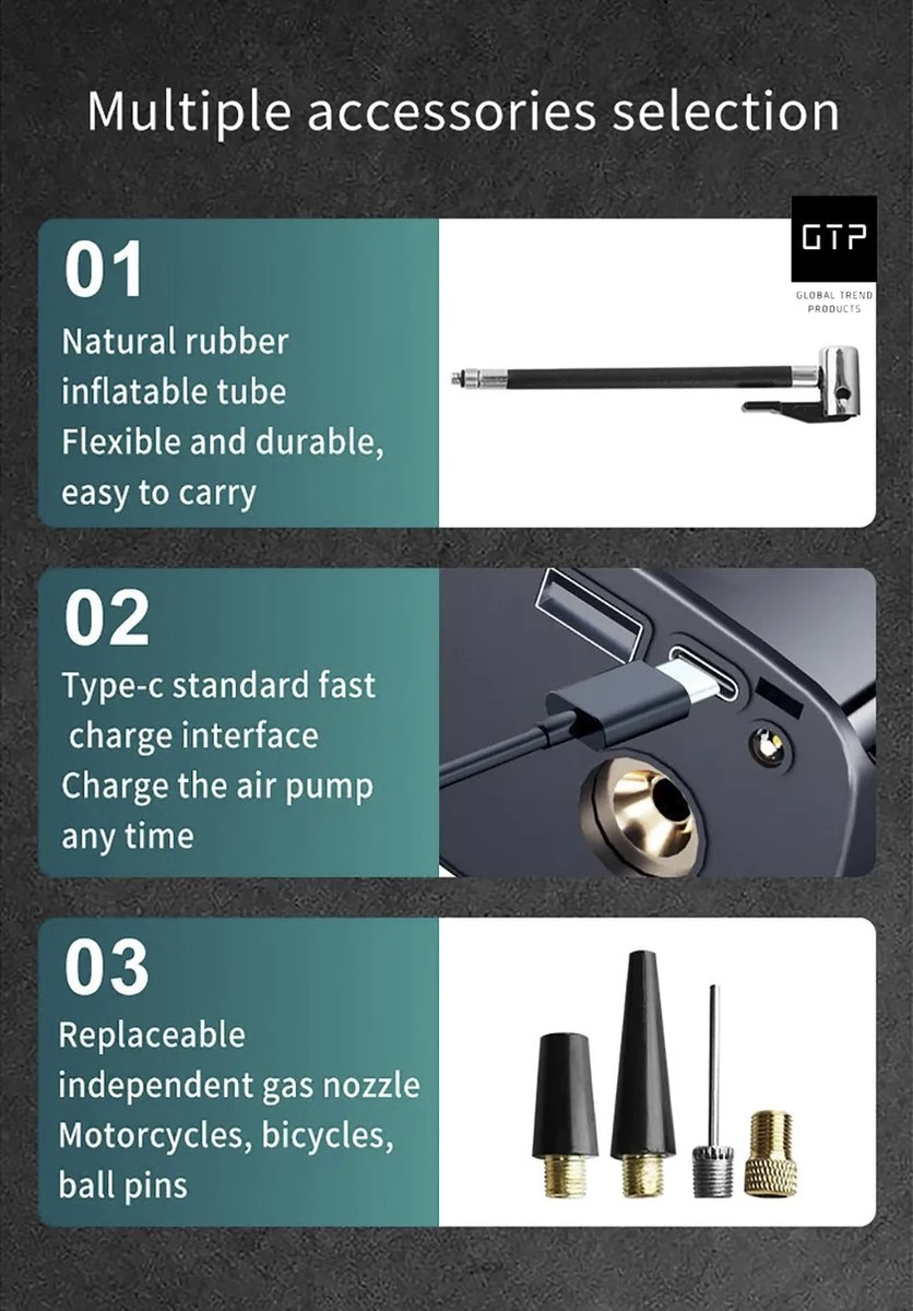 GTP Draagbare Luchtcompressor - Elektrische Bandenpomp - Luchtcompressor Oplaadbaar - Fiets Motor Auto En Ballen - Powerbank - Zaklamp 12 GTP Draagbare Luchtcompressor - Elektrische Bandenpomp - Luchtcompressor Oplaadbaar - Fiets Motor Auto En Ballen - Powerbank - Zaklamp - Afbeelding 10