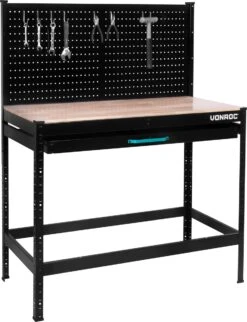 VONROC Duurzaam Rubberhout Werkbank / Werktafel - Met Stalen Gatenwand En Lade – Belastbaar Tot 130kg – Incl. 15-delige Hakenset