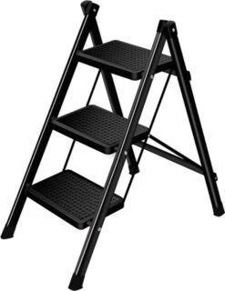 Buxibo - Keukentrapje/Vouwladder - Keukenopstapje - Opvouwbare Ladderkruk - Trapladder - Anti-Slip - Metaal - Zwart