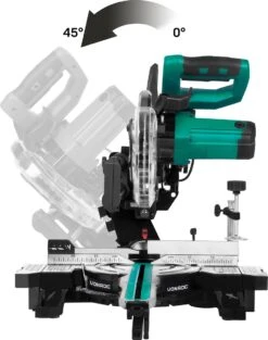 VONROC Compacte Afkortzaag - Kapzaag - Verstekzaag 2200W - Ø216mm – 5200 /min – Demonteerbare Verstekarm - Trekfunctie - Verstelbare Tafelverbreders – Kantelbaar (0-45°) – Lengtestop – Diepteregeling - Laser & LED – Incl. Zaagblad & Werkstukklem -Makita Winkel 946x1200 2