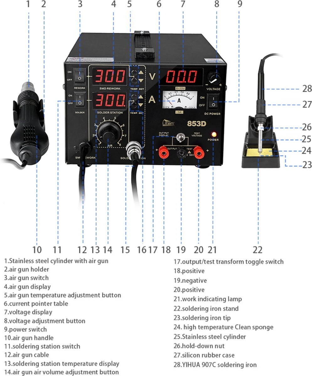 Uten 853D 3in1 Soldeerstation Digitaal Set - 760 Watt - Led Display - Soldeerstation Heteluchtpistool - Mit Verwisselbare Luchtuitlaten 4 Stukken - Soldeerbout Elektrisch - 200-480°c - Voor Smd Componenten 10 Uten 853D 3in1 Soldeerstation Digitaal Set - 760 Watt - Led Display - Soldeerstation Heteluchtpistool - Mit Verwisselbare Luchtuitlaten 4 Stukken - Soldeerbout Elektrisch - 200-480°c - Voor Smd Componenten - Afbeelding 8